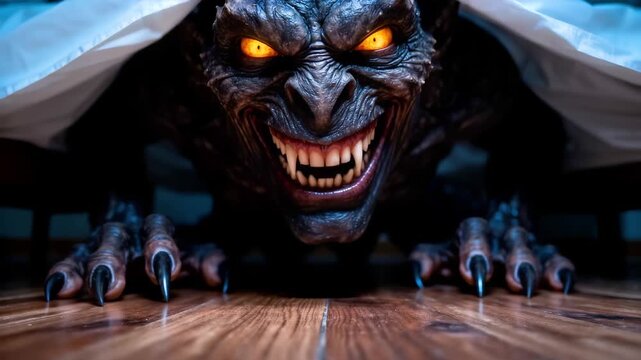 Scary monster with glowing eyes crawling from under a bed in a dark bedroom