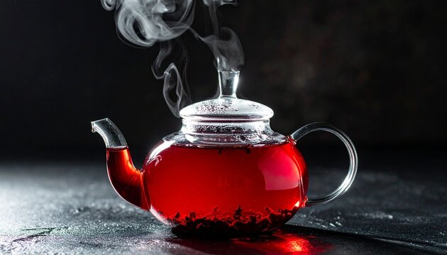 A beautiful clear glass teapot with steaming hot red herbal tea on a dark rustic stone surface perfect for a calm and relaxing lifestyle moment.