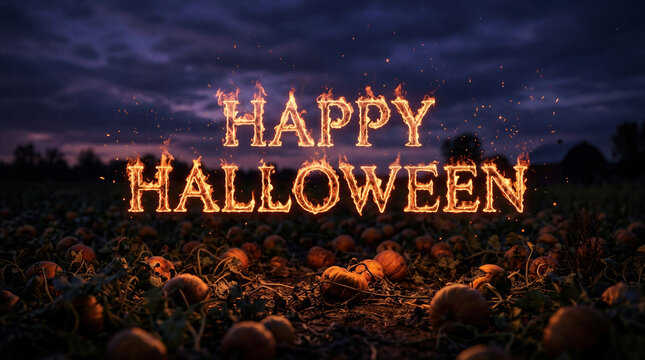 Happy Halloween text written in fire flames over a pumpkin patch at twilight. Glowing fiery typography for holiday celebration, seasonal greeting card and spooky festive background concept.