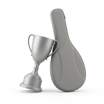 Silver trophy leaning against a grey guitar case for music competition award on white background.
