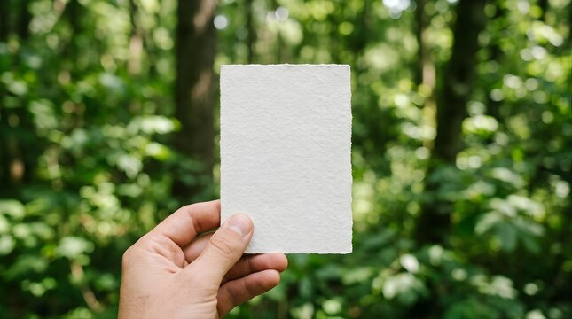 Hand holding a blank textured paper card outdoors in a green forest
