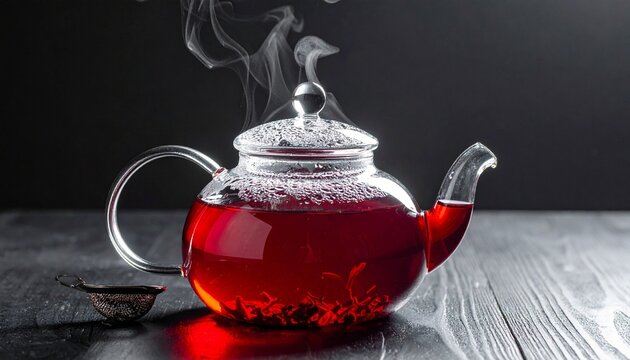 A glass teapot filled with steaming herbal red tea infusion sitting on a dark rustic wooden table for a peaceful and relaxing wellness moment.