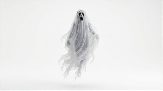 Ghost floating against white background. Spooky specter covered in white cloth for Halloween celebration. Supernatural entity appearing with open mouth for horror theme decoration.