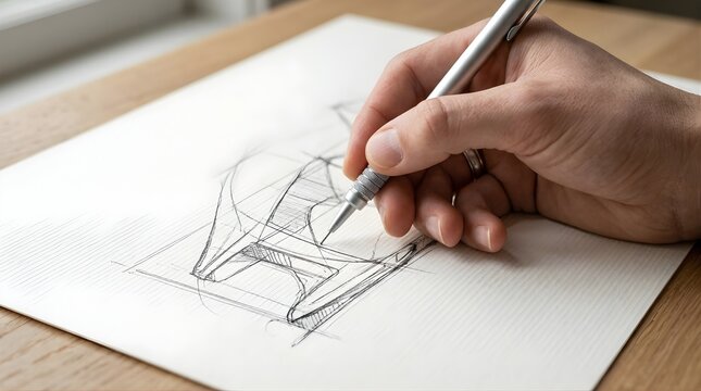 Hand sketching a concept design with a mechanical pencil on white paper