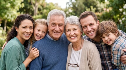 Obraz premium Multi generation family standing together outdoors in garden smiling and embracing with senior couple family portrait grandparents children grandchildren daughter embracing togetherness