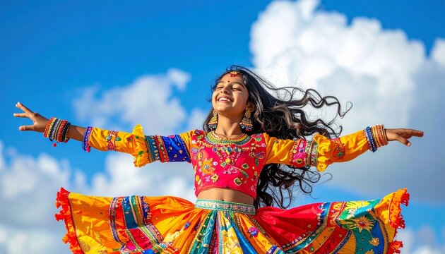 A cheerful young girl wearing colorful traditional ethnic clothing dancing joyfully outdoors under a vibrant blue sky with fluffy white clouds.