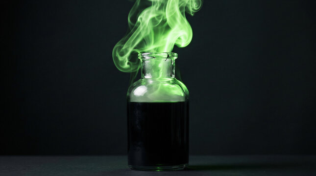 Glass bottle with green magical smoke rising from dark liquid. Poisonous potion for Halloween party decoration. Alchemy, witch laboratory and mystical spell concept on black background.
