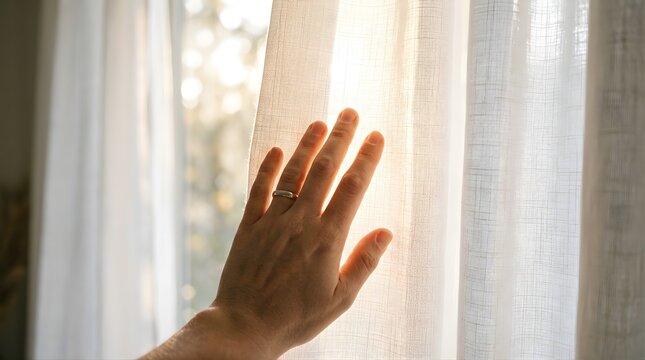Hand touching white curtain with soft morning sunlight filtering through