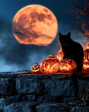 Black cat felix catus with carved pumpkins and orange full moon at night