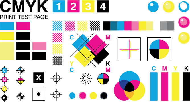 CMYK print test page vector illustration set with color control bars calibration charts and printing registration marks