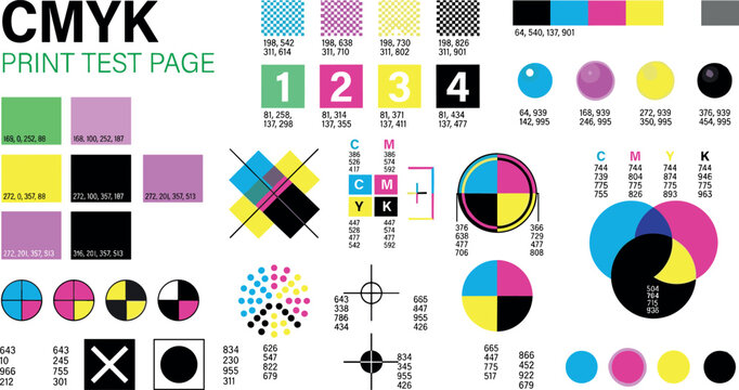 CMYK print test page vector template with numeric color value charts calibration bars and target registration marks
