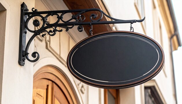 A stylish vintage oval hanging sign mounted on an ornate black wrought iron bracket attached to a building facade for custom business branding.