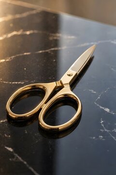 Golden scissors on black marble background with warm light in realistic 