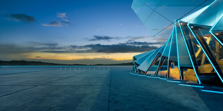 3d rendering futuristic glass building with neon lights at dusk
