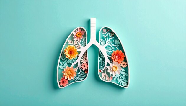 Artistic paper craft depiction of human lungs filled with colorful blooming flowers and leaves on a soft light blue background for health.