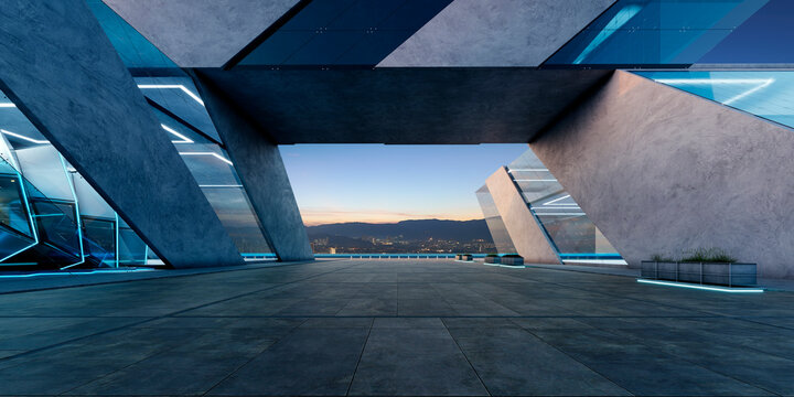 3d rendering futuristic building terrace overlooking urban city skyline at dusk