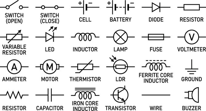 Electronic circuit schematic symbol icon set with switch battery resistor capacitor diode inductor transistor isolated on white background