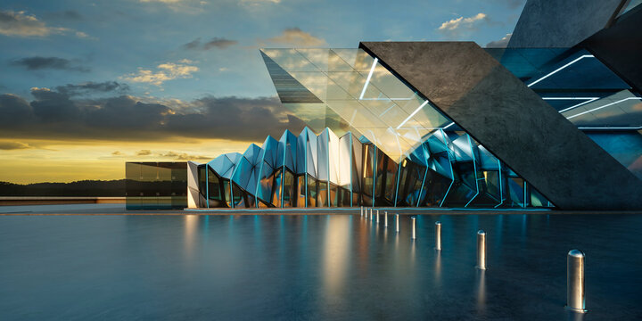 3d rendering futuristic architecture creating modern building design at sunset