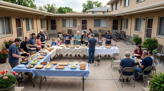 A diverse group of neighbors gathers for a casual community potluck dinner party on an apartment complex courtyard patio during a summer weekend afternoon to share homemade meals and enjoy