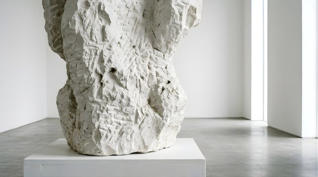 Large white stone sculpture standing inside a bright minimalist gallery