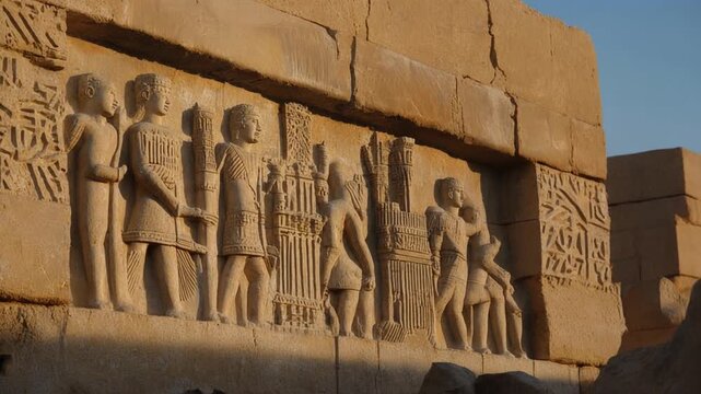 Ancient stone relief of figures carved into a sunlit wall showing historical procession during golden hour