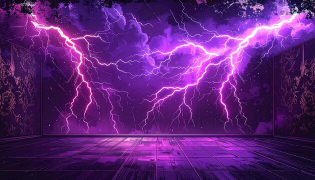 Dark room with an intense purple lightning storm backdrop featuring a polished reflective floor and ornate wallpaper side panel decorations.