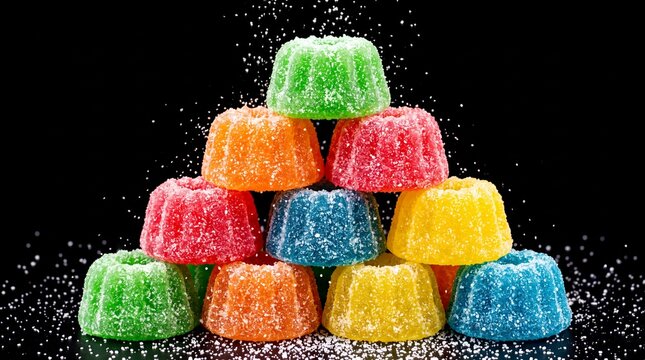 colorful pile of delicious gummy candies with sugar crystals on a black background