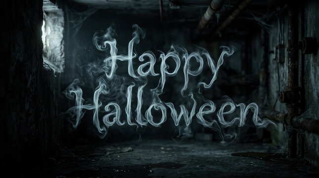 Happy Halloween text written in swirling white smoke. Dark scary basement background with cobwebs and moody lighting. Spooky holiday greeting concept for festive celebration cards.