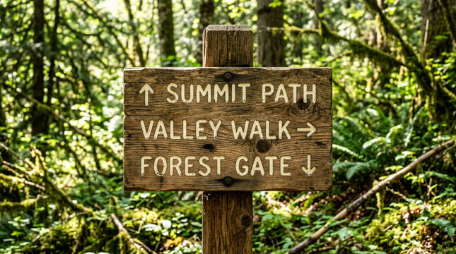 Wooden trail sign in forest, directing to summit, valley, and forest gate.