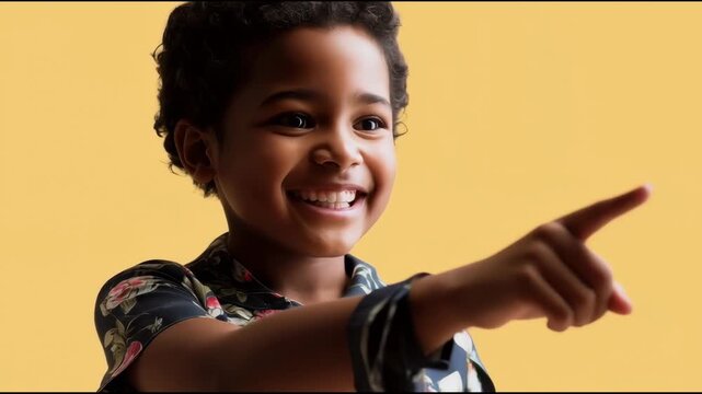African boy pointing and smiling in floral shirt with joyful surprise against yellow background