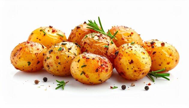 A delicious pile of small golden roasted potatoes seasoned with fresh green rosemary leaves and black pepper isolated on a bright white background.