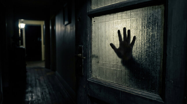 Hand silhouette behind glass door in dark hallway. Spooky atmosphere in abandoned house. Scary scene for Halloween holiday, thriller movie poster, mystery or horror fiction concept.