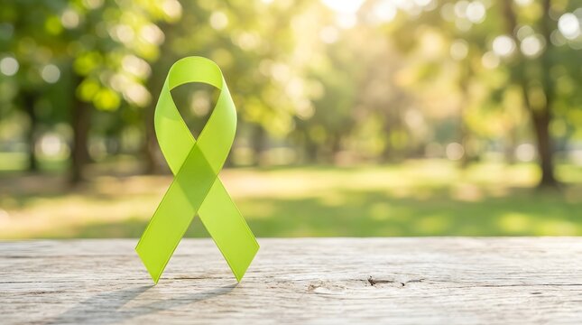 Lime green awareness ribbon on wooden table for mental health and medical support