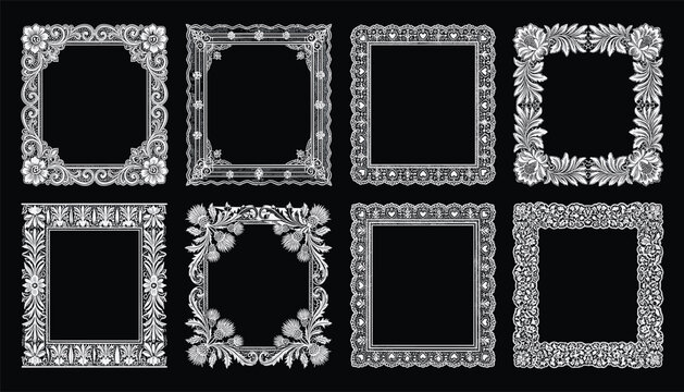 Vintage ornate white frame collection vector engraving illustration set with detailed baroque floral borders on black background