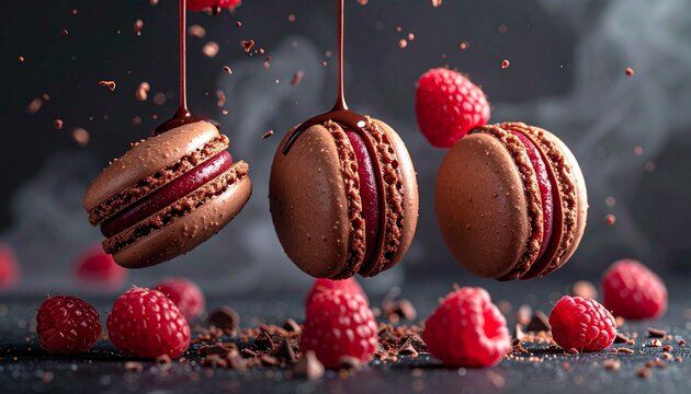 Three delicious chocolate macarons floating in the air with fresh red raspberries and pouring liquid chocolate on a dark background close up.