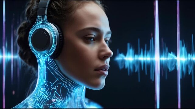 Futuristic Woman Wearing Headphones With Face Beside Glowing Sound Wave Visualization Audio Waveform