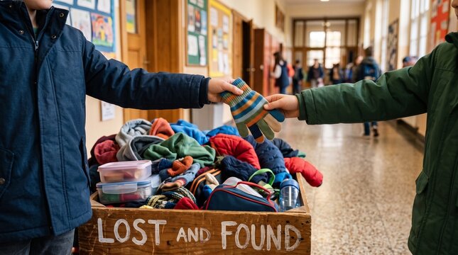 Two children exchanging a sock at a school lost and found bin  