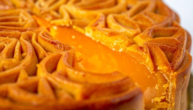 Close up view of a traditional round mooncake with intricate decorative patterns on top showing a rich golden yellow custard center filling.