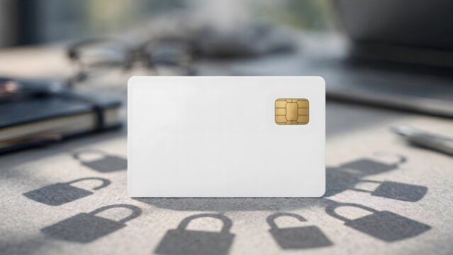 White payment card with security lock concept for digital banking protection and financial technology