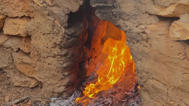Close up of bright flames burning inside a traditional stone oven for grape scalding escalda tradition in slow motion.