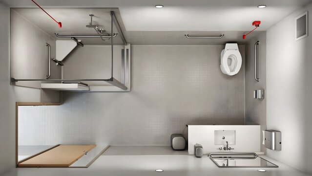 Top view accessible bathroom interior with universal design features and mobility space