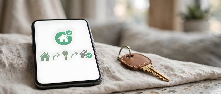 Property ownership transition concept with home keys and digital approval process