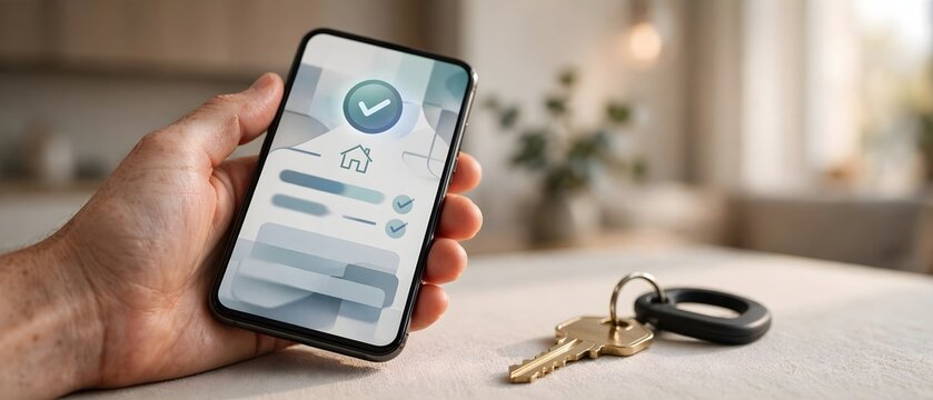 Digital property approval interface with smartphone and keys on table