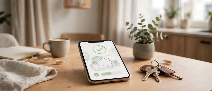 Person holding smartphone and keys showing successful home purchase process