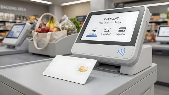Contactless payment terminal with blank card at modern retail checkout
