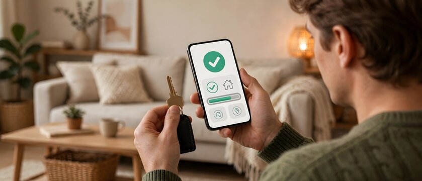 Person using smartphone with home approval interface and property keys
