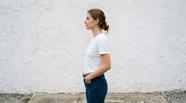 Profile view of a young woman in a white t-shirt standing against a wall