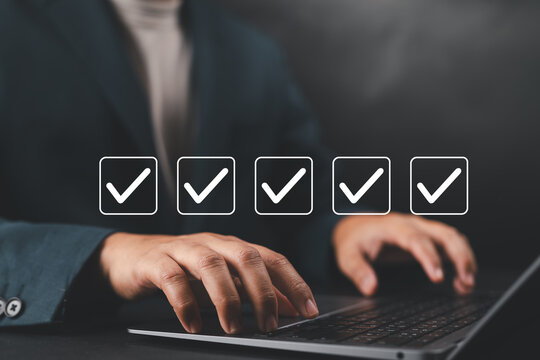 operator makes mark on the survey topic ,In virtual form check sheet, checklist ideas, checkbox to conduct opinion and quality survey satisfaction, Connect and work with modern wireless technology
