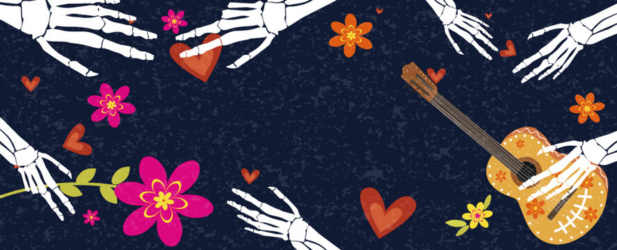 Dia de los Muertos background banner. Horizontal vector illustration with skeleton hands playing guitar, holding flowers and hearts on dark backdrop. Festive header for Mexican Day of the Dead.