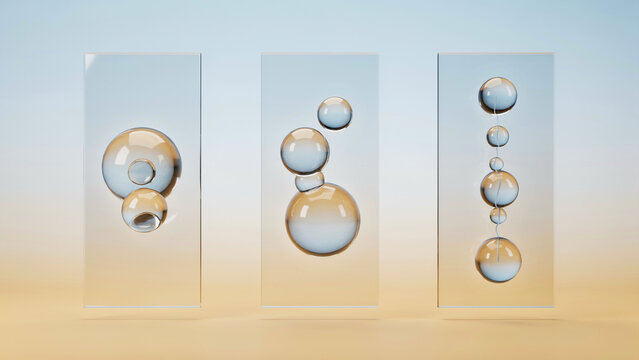 Three vertical panels of transparent glass rectangles with floating water bubbles and spheres